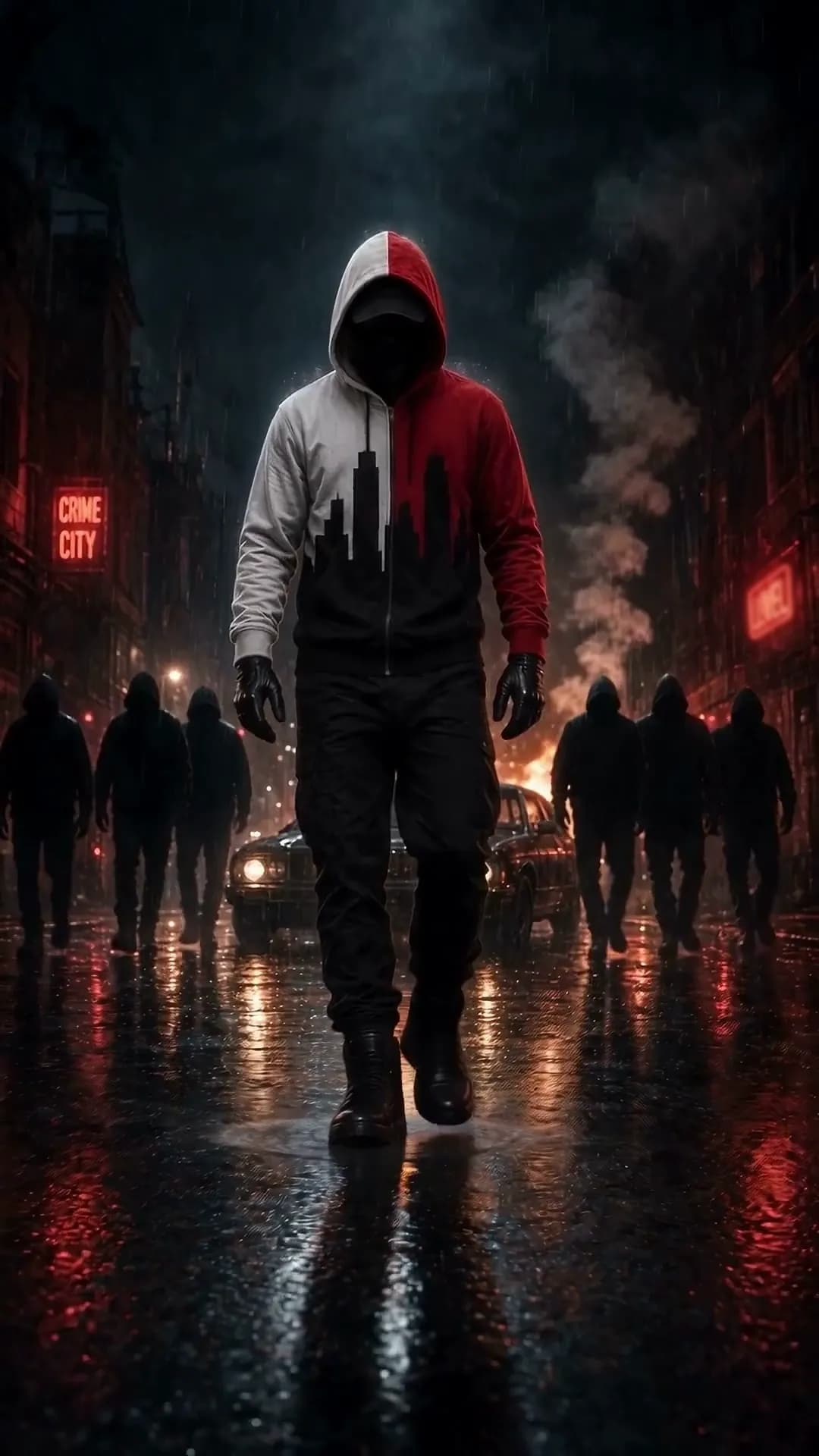 A hooded gangster in a red and white hoodie walking towards you down a wet street at night, his crew behind him