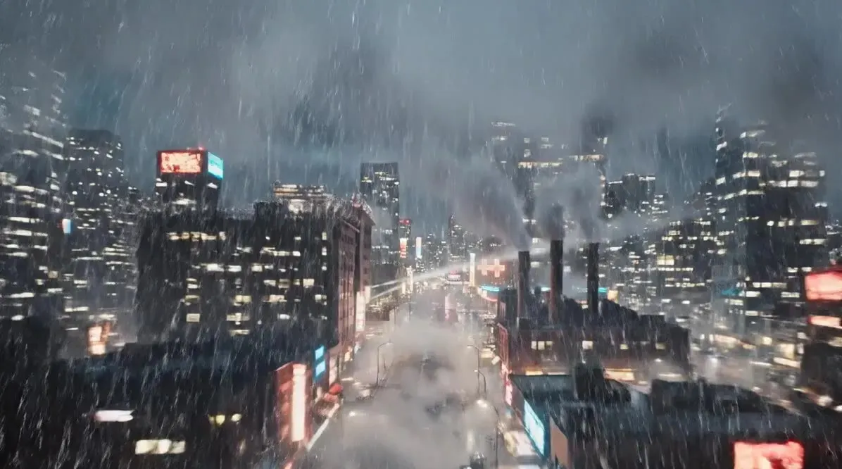 Rain falling over the neon-lit Crime City skyline at night
